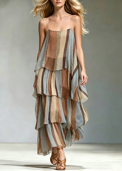 Natural Layered Striped Chiffon Spaghetti Strap Dress Summer