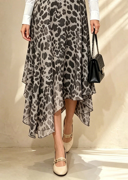 Natural Leopard High Waist Chiffon Maxi Skirt Summer