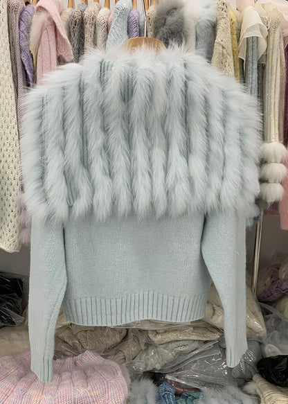 Natural Light Blue Fox Collar Zippered Patchwork Cotton Knit Cardigans Winter