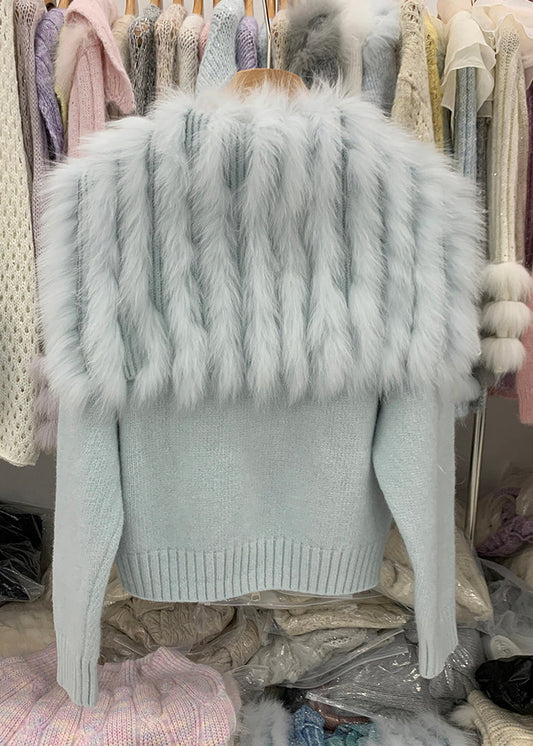 Natural Light Blue Fox Collar Zippered Patchwork Cotton Knit Cardigans Winter