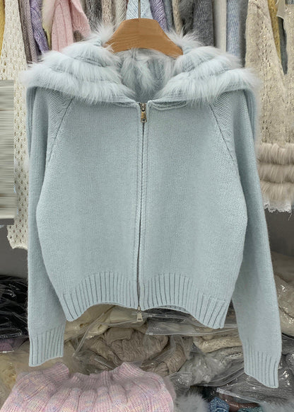 Natural Light Blue Fox Collar Zippered Patchwork Cotton Knit Cardigans Winter