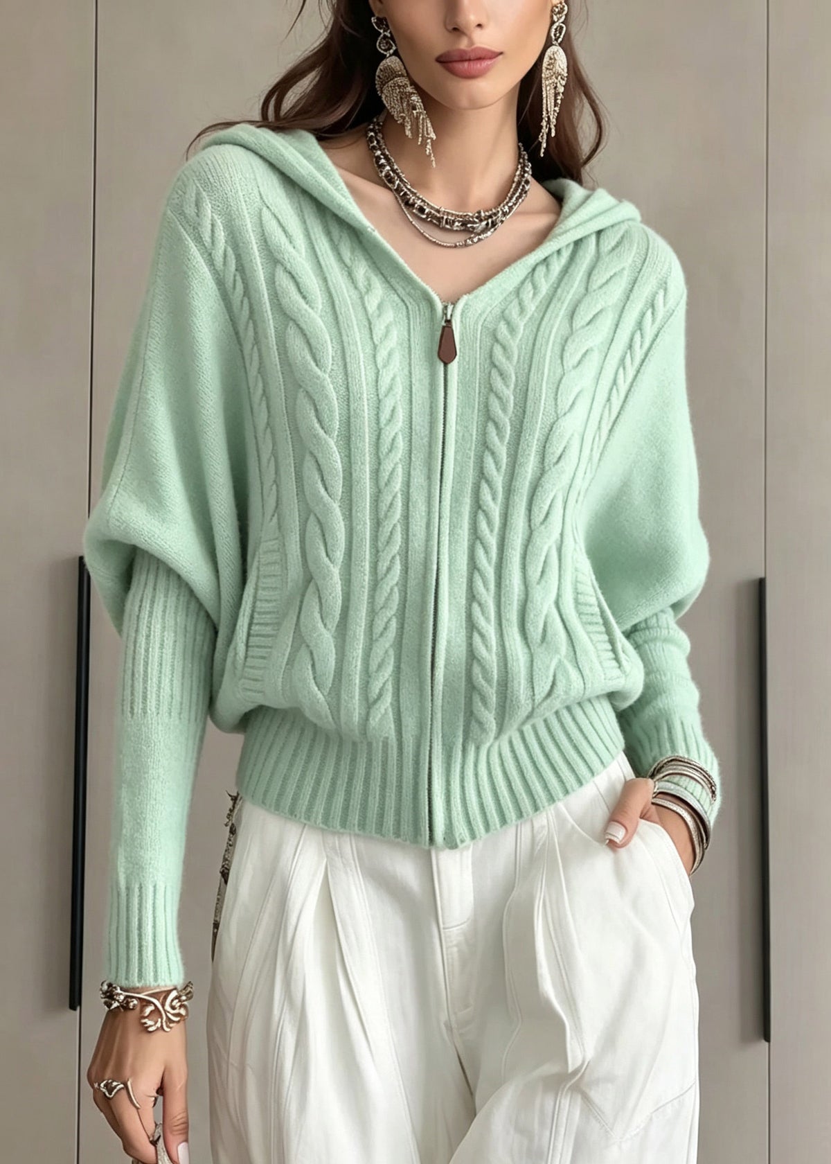 Natural Light Green Zippered Patchwork Hooded Cotton Knit Cardigans Batwing Sleeve