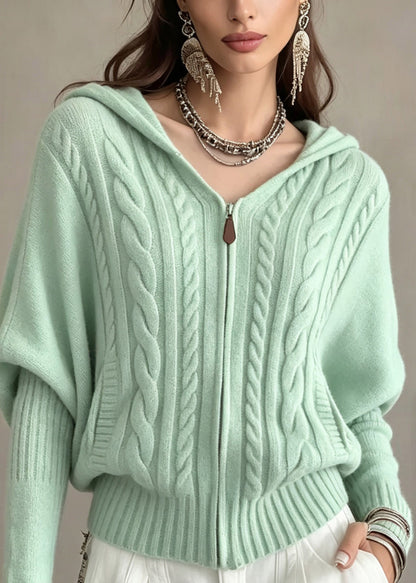 Natural Light Green Zippered Patchwork Hooded Cotton Knit Cardigans Batwing Sleeve