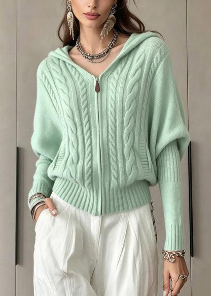 Natural Light Green Zippered Patchwork Hooded Cotton Knit Cardigans Batwing Sleeve
