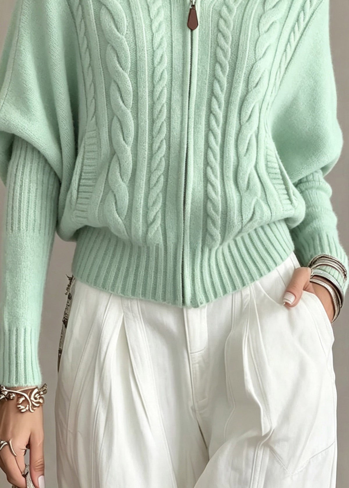 Natural Light Green Zippered Patchwork Hooded Cotton Knit Cardigans Batwing Sleeve