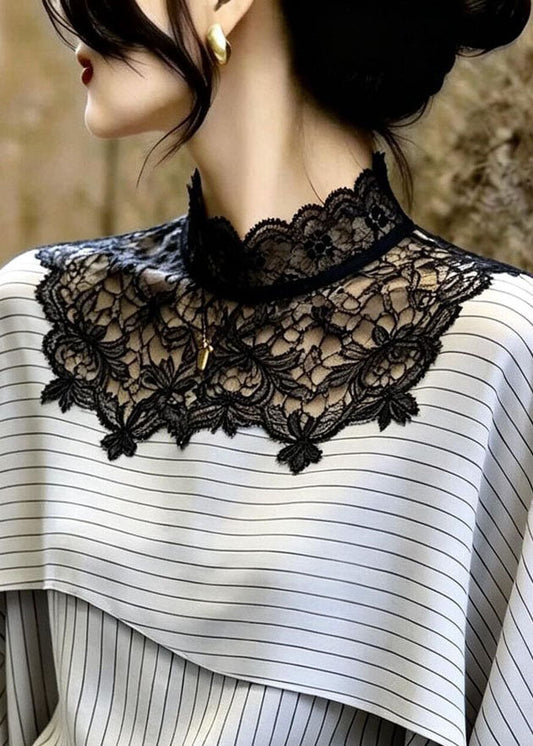 Natural Light Grey Striped Patchwork Lace Blouse Top Summer