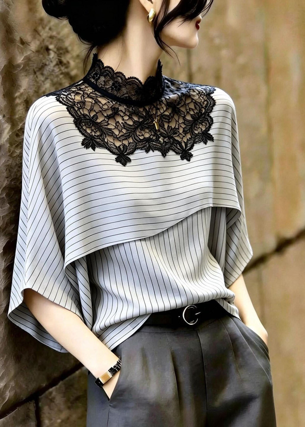 Natural Light Grey Striped Patchwork Lace Blouse Top Summer