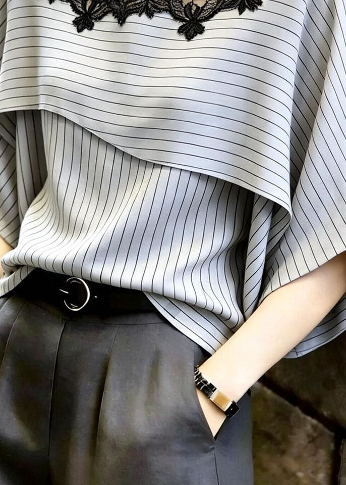 Natural Light Grey Striped Patchwork Lace Blouse Top Summer