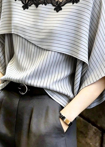 Natural Light Grey Striped Patchwork Lace Blouse Top Summer