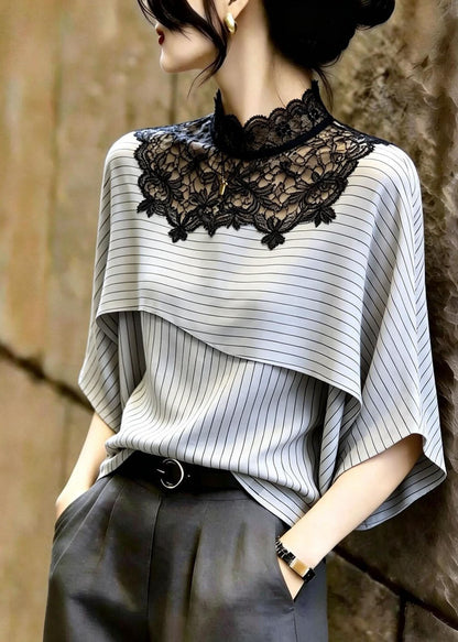 Natural Light Grey Striped Patchwork Lace Blouse Top Summer