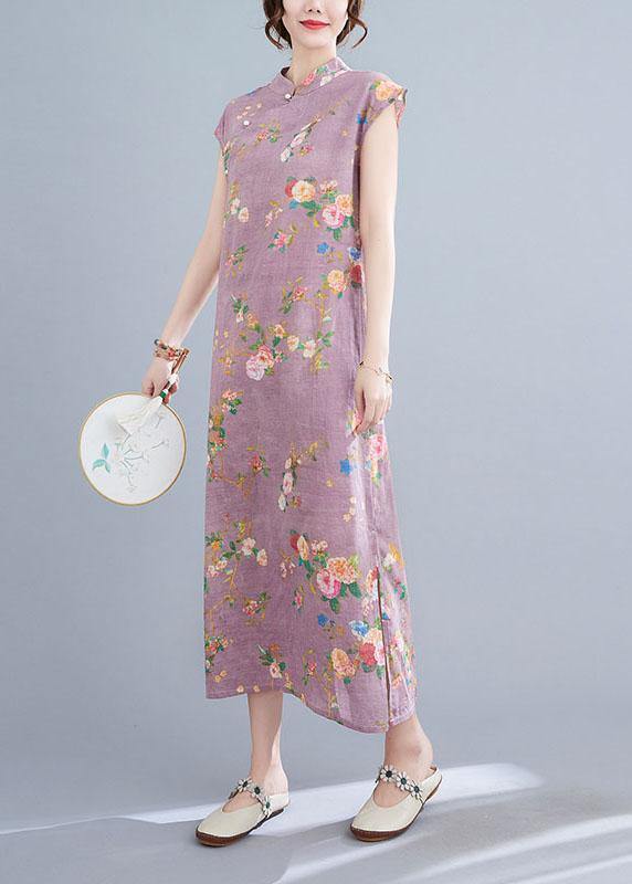Natural Light Purple Print Button Oriental Mid Dress Summer Cotton Dress - SooLinen