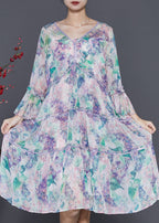 Natural Light Purple V Neck Print Chiffon Dresses Summer
