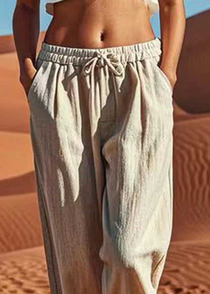 Natural Linen Pockets Patchwork Elastic Waist Crop Pants