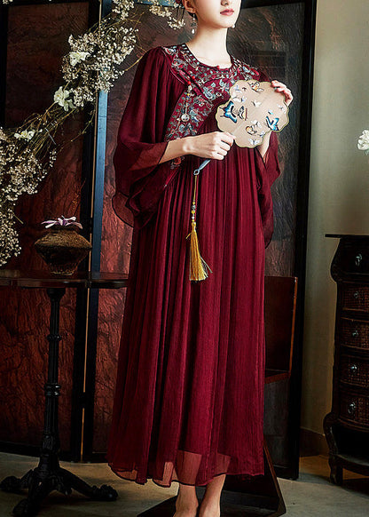 Natural Mulberry Embroidered Wrinkled Silk Long Dress Summer