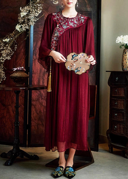 Natural Mulberry Embroidered Wrinkled Silk Long Dress Summer