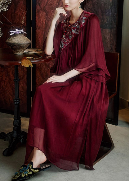 Natural Mulberry Embroidered Wrinkled Silk Long Dress Summer