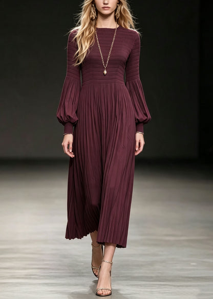 Natural Mulberry O-Neck Wrinkled Cotton Long Dress Lantern Sleeve
