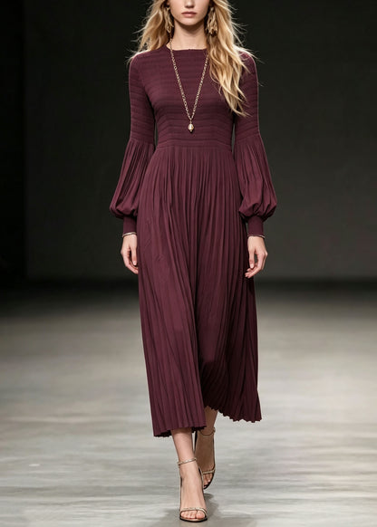 Natural Mulberry O-Neck Wrinkled Cotton Long Dress Lantern Sleeve