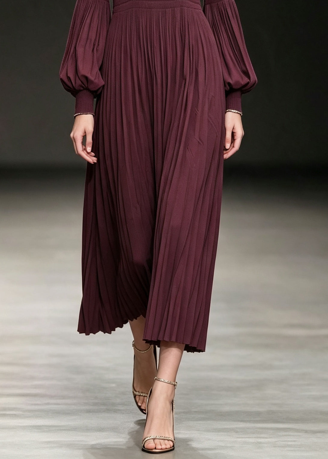 Natural Mulberry O-Neck Wrinkled Cotton Long Dress Lantern Sleeve