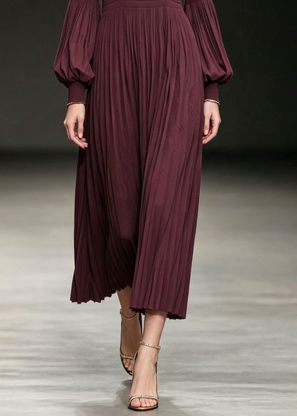 Natural Mulberry O-Neck Wrinkled Cotton Long Dress Lantern Sleeve