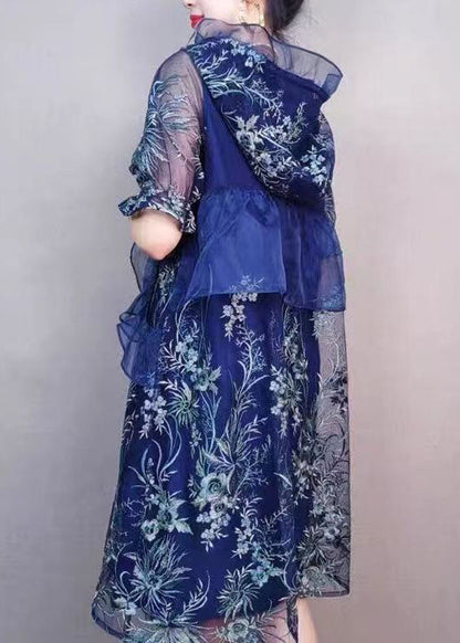 Natural Navy Hooded Ruffled Embroideried Patchwork Tulle Mid Dress Summer