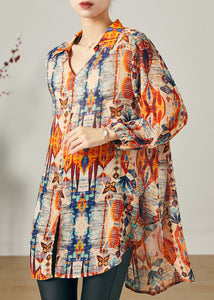 Natural Orange Print Side Open Chiffon Top Summer