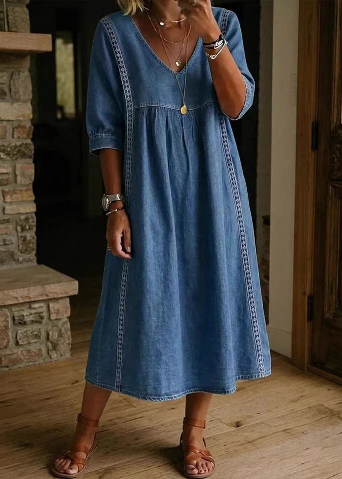 Natural Navy V Neck Patchwork Denim Long Dresses Summer