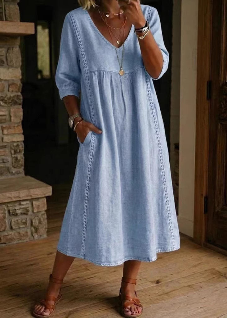 Natural Navy V Neck Patchwork Denim Long Dresses Summer