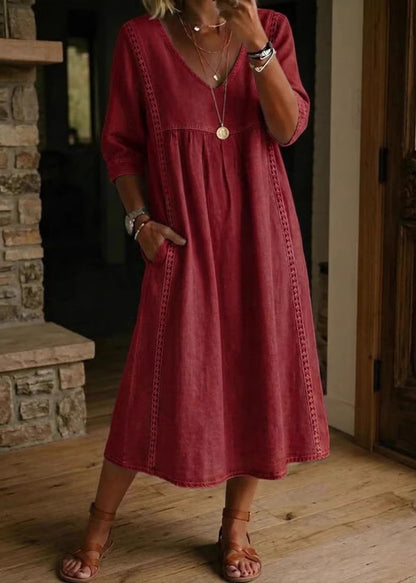 Natural Navy V Neck Patchwork Denim Long Dresses Summer