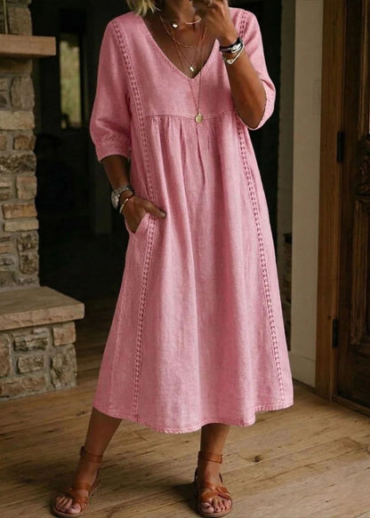 Natural Navy V Neck Patchwork Denim Long Dresses Summer