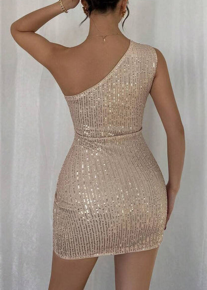 Natural Nude Sequins One Shoulder Wraped Dress Summer