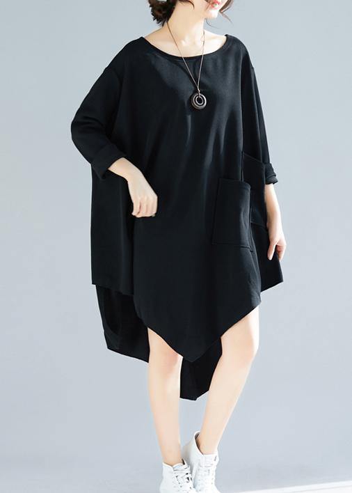 Natural O Neck Asymmetric Tunic Dress Fabrics Black Maxi Dresses - SooLinen
