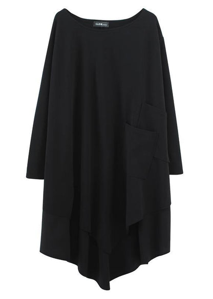 Natural O Neck Asymmetric Tunic Dress Fabrics Black Maxi Dresses - SooLinen