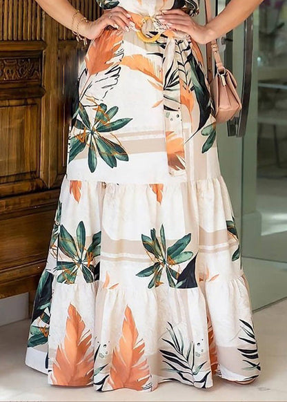 Natural O-Neck Print Tunic Maxi Dresses Short Sleeve