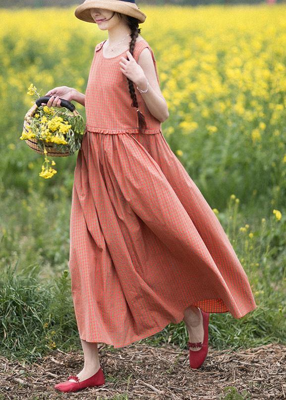 Natural O-Neck Summer Wardrobes Outfits Orange Plaid Sleeveless Dresses - SooLinen
