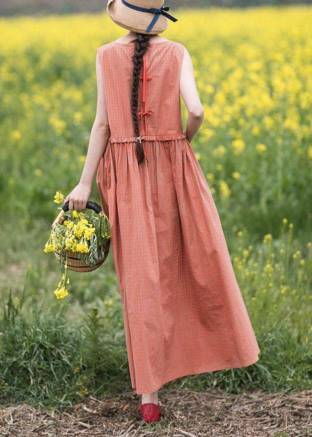Natural O-Neck Summer Wardrobes Outfits Orange Plaid Sleeveless Dresses - SooLinen