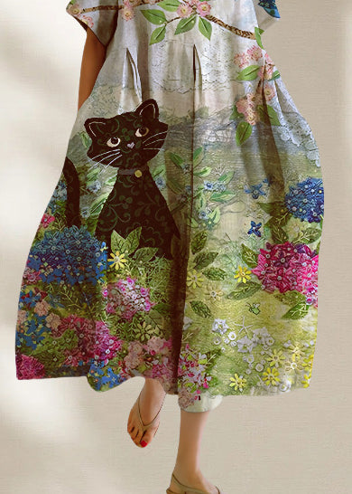 Natural Oversized Cats Print Cotton Long Dress Summer