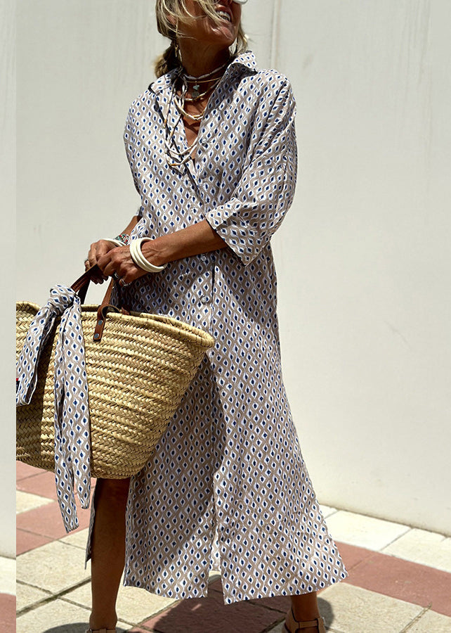 Natural Pink Peter Pan Collar Striped Side Open Button Maxi Dresses Fall