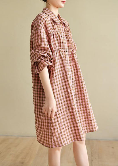 Natural Pink Plaid Cotton Cinched Spring Dresses - SooLinen
