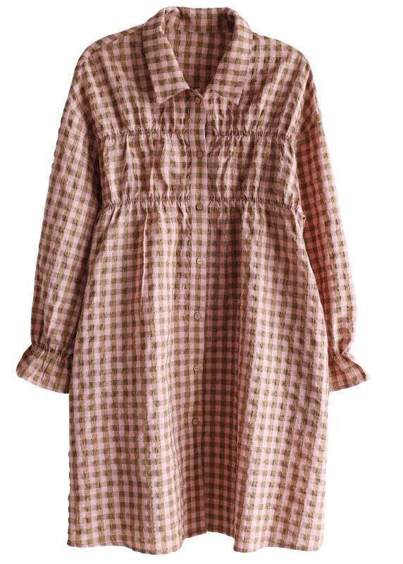 Natural Pink Plaid Cotton Cinched Spring Dresses - SooLinen