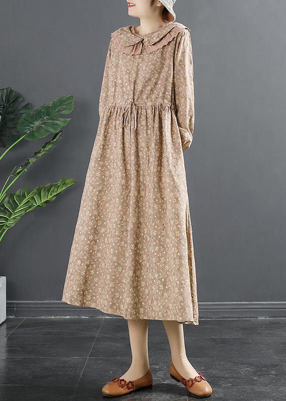 Natural Pink Print Dresses Peter Pan Collar Maxi Dress - SooLinen