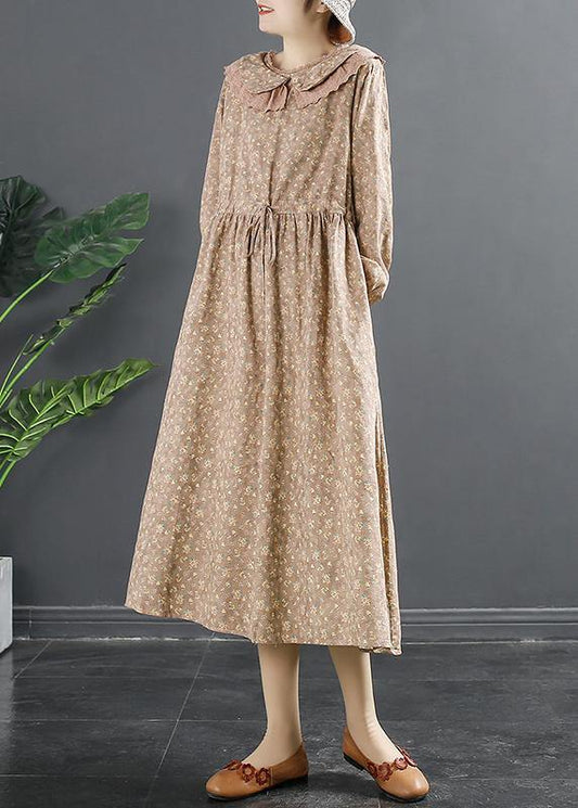 Natural Pink Print Dresses Peter Pan Collar Maxi Dress - SooLinen