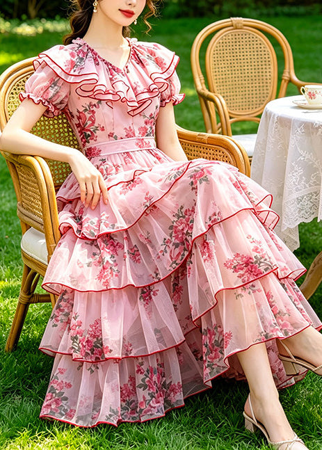Natural Pink Ruffled Print Tulle Holiday Dress Summer