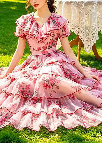 Natural Pink Ruffled Print Tulle Holiday Dress Summer