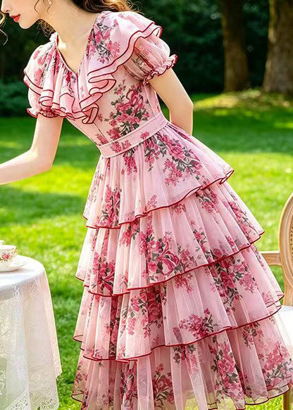 Natural Pink Ruffled Print Tulle Holiday Dress Summer