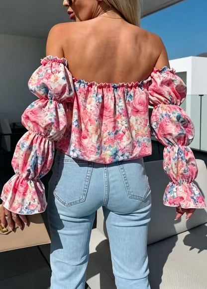 Natural Pink Slash Neck Print Cotton Shirt Puff Sleeve