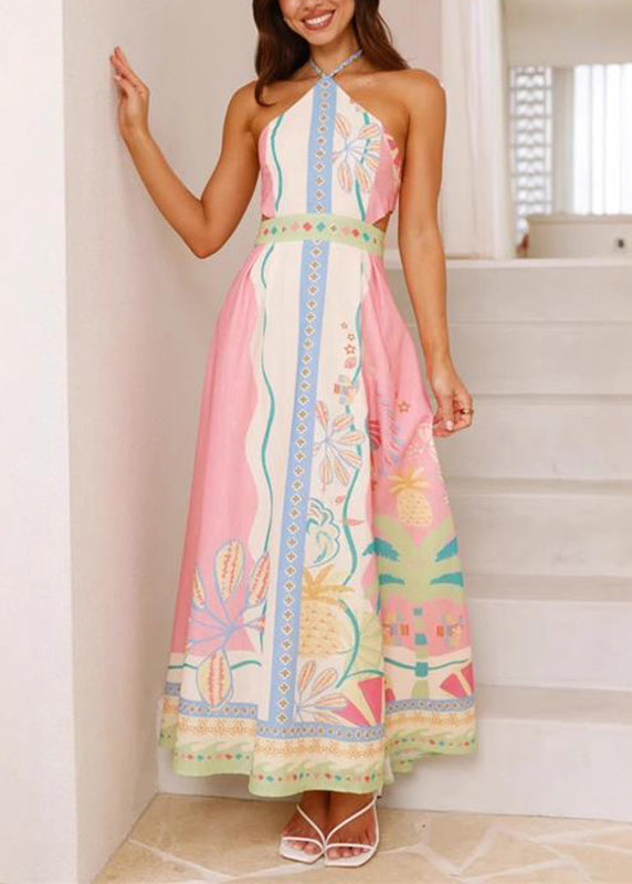 Natural Print Cold Shoulder Backless Maxi Dress Sleeveless