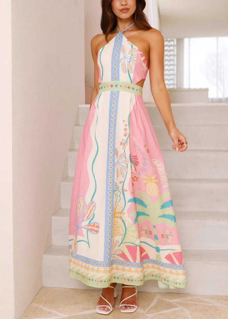 Natural Print Cold Shoulder Backless Maxi Dress Sleeveless