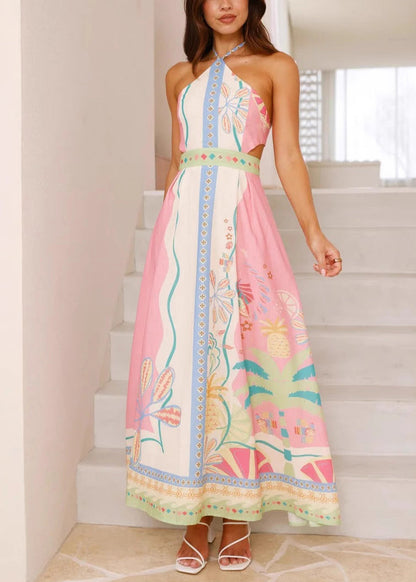 Natural Print Cold Shoulder Backless Maxi Dress Sleeveless