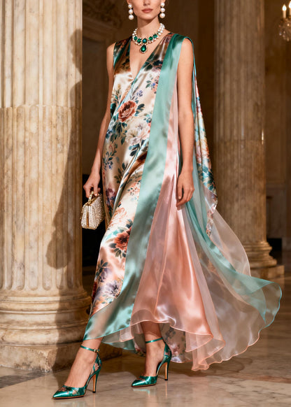 Natural Print Patchwork Silk Long Dresses Sleeveless